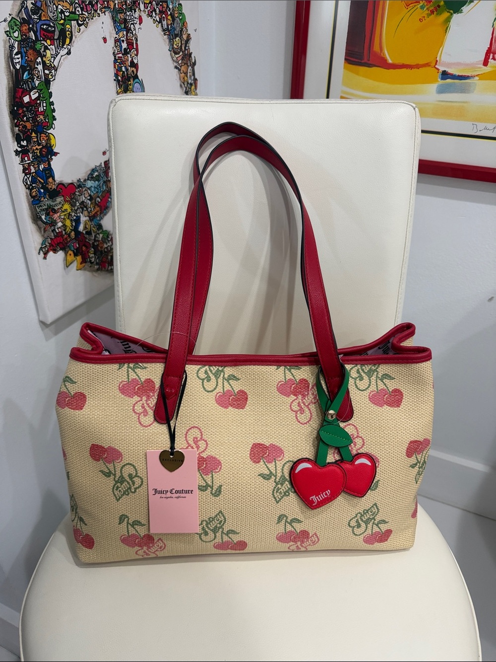 Juicy Couture Beige/Red Cherry Print Paradise Tote Bag  & Hearts Purse Charm